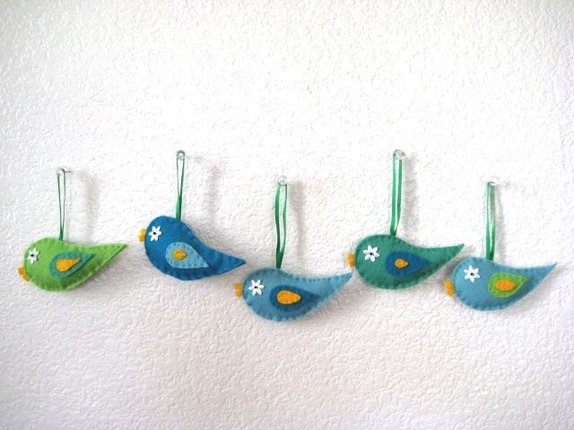 Spring Green Birds, Assorted Felt Easter Ornaments, Set Of 5 Pieces